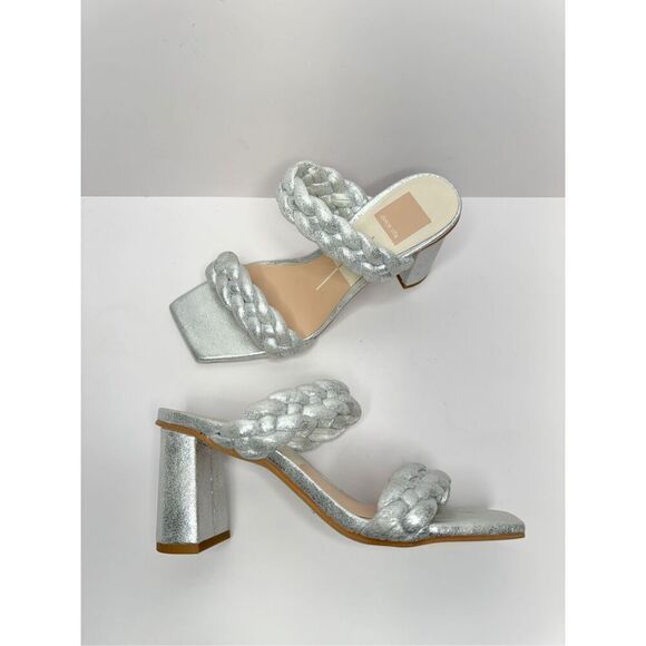 Dolce Vita Sandals Womens Size 6 Silver Slip On Braided Square Toe Heels - Picture 6 of 10